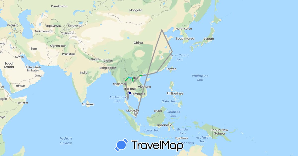 TravelMap itinerary: driving, bus, plane, boat in China, Hong Kong, Laos, Singapore, Thailand, Vietnam (Asia)